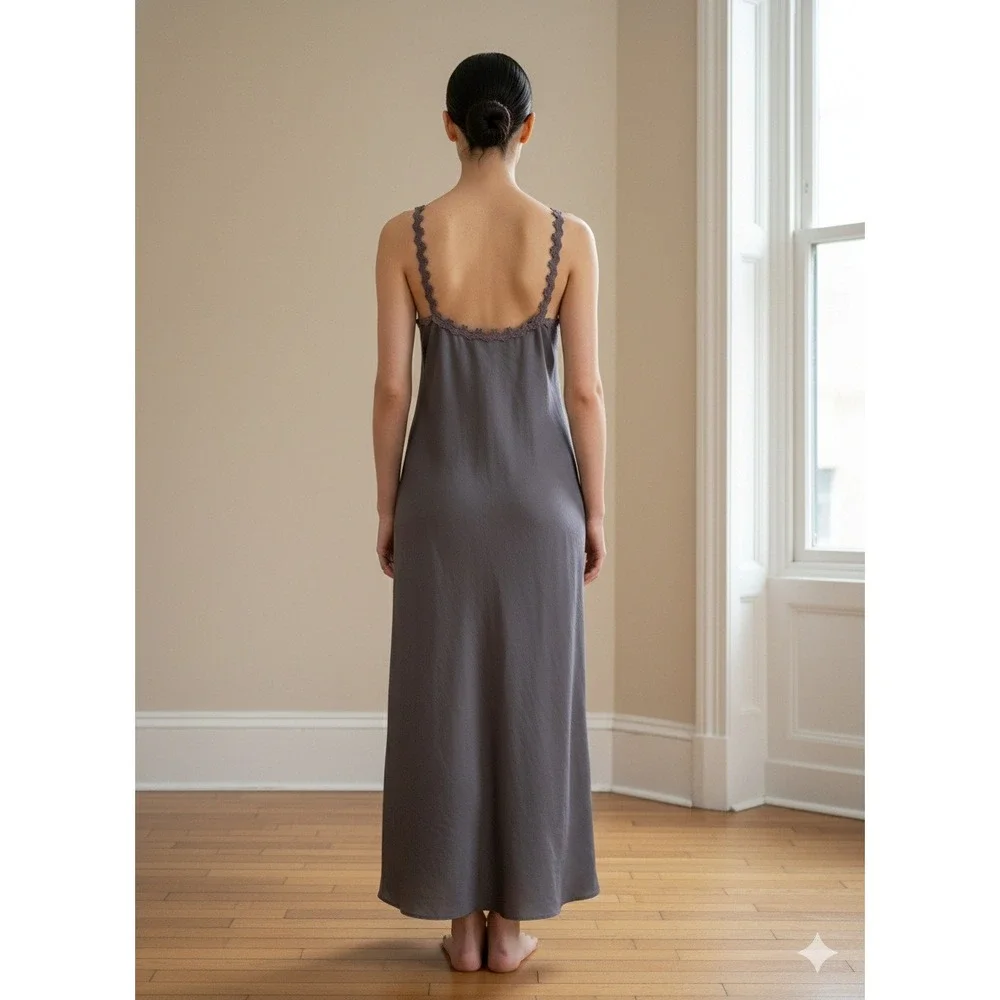 Free People Intimately Grey‎ Halter Maxi Dress Crochet Trim Side Slit L - Picture 2 of 8